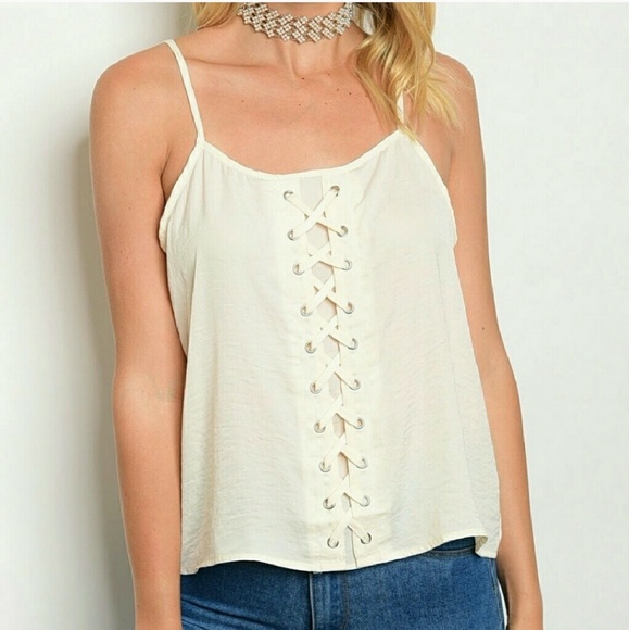 DEDE Silky Sultry Front Lace Up Grommet Tank Top Cream Easy Fit  Sz Sm & Med NWT - Picture 7 of 7